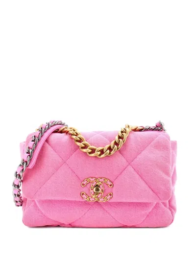 Pre-owned Chanel 19 Flap Bag Quilted Denim Medium Shoulder Bag In Pink