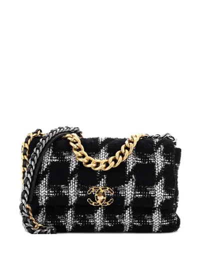 Pre-owned Chanel 19 Flap Bag Quilted Houndstooth Tweed And Ribbon Large Crossbody Bag In Multi