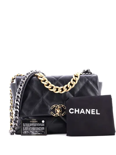 Pre-owned Chanel 19 Flap Bag Quilted Leather Large Crossbody Bag In Black