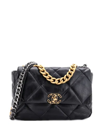 Pre-owned Chanel 19 Flap Bag Quilted Leather Large Crossbody Bag In Black