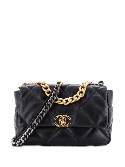 Pre-owned Chanel 19 Flap Bag Quilted Leather Large Crossbody Bag In Black