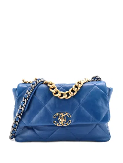Pre-owned Chanel 19 Flap Bag Quilted Leather Large Crossbody Bag In Blue