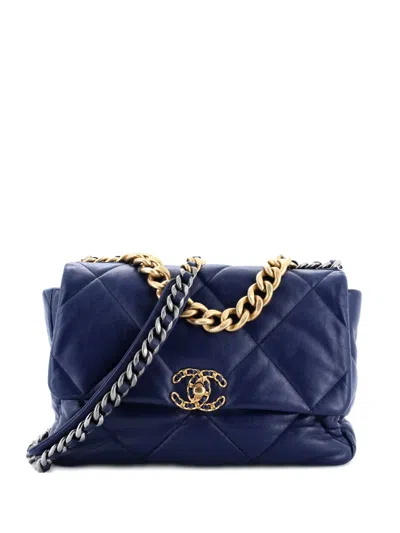 Pre-owned Chanel 19 Flap Bag Quilted Leather Large Crossbody Bag In Blue