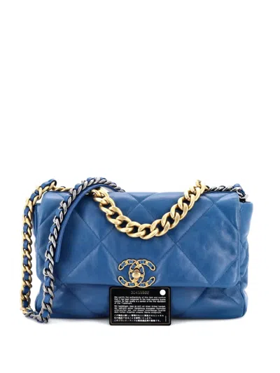 Pre-owned Chanel 19 Flap Bag Quilted Leather Large Crossbody Bag In Blue