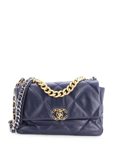 Pre-owned Chanel 19 Flap Bag Quilted Leather Large Crossbody Bag In Blue