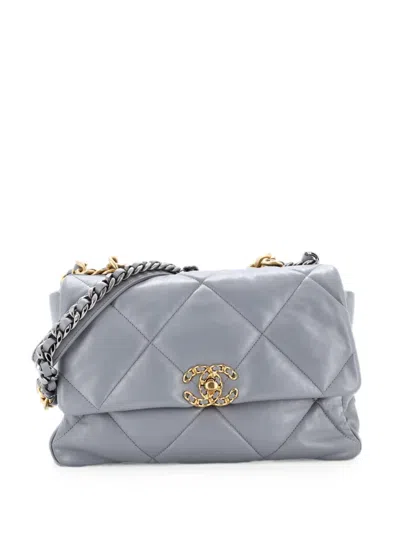 Pre-owned Chanel 19 Flap Bag Quilted Leather Large Crossbody Bag In Grey