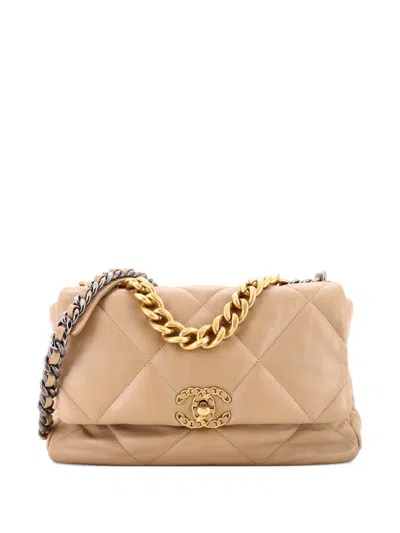 Pre-owned Chanel 19 Flap Bag Quilted Leather Large Crossbody Bag In Neutral