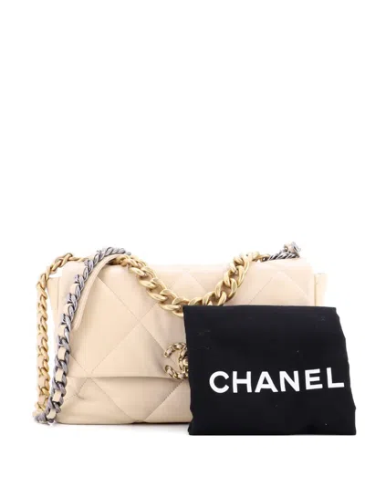 Pre-owned Chanel 19 Flap Bag Quilted Leather Large Crossbody Bag In Neutral