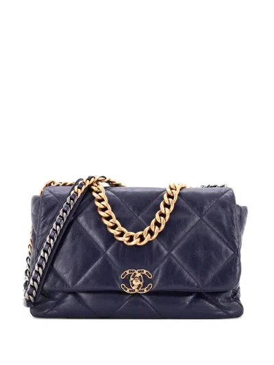 Pre-owned Chanel 19 Flap Bag Quilted Leather Maxi Crossbody Bag In Blue