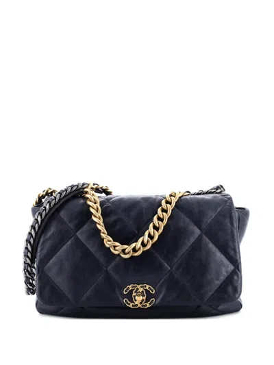 Pre-owned Chanel 19 Flap Bag Quilted Leather Maxi Crossbody Bag In Blue