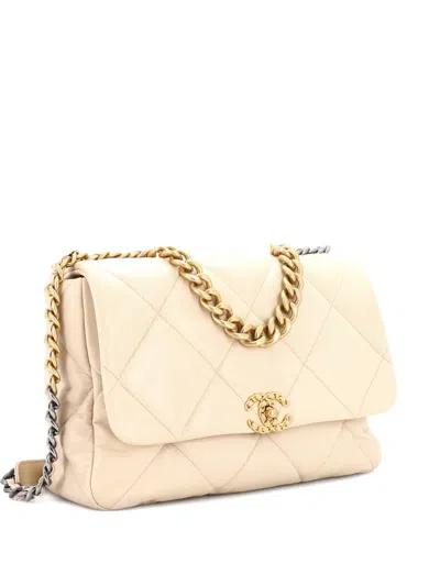 Pre-owned Chanel 19 Flap Bag Quilted Leather Maxi Crossbody Bag In Neutral