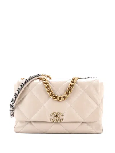 Pre-owned Chanel 19 Flap Bag Quilted Leather Maxi Crossbody Bag In Neutral