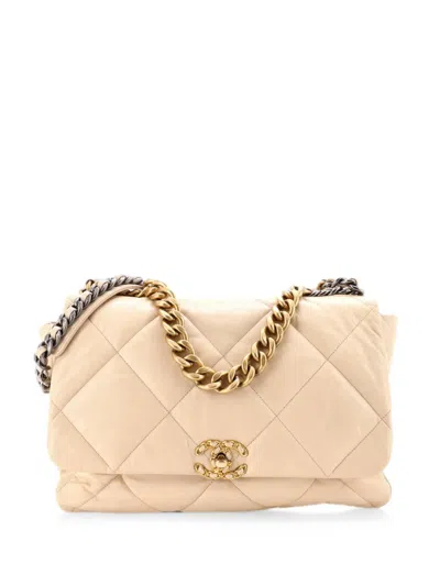 Pre-owned Chanel 19 Flap Bag Quilted Leather Maxi Crossbody Bag In Neutral