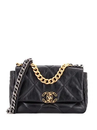 Pre-owned Chanel 19 Flap Bag Quilted Leather Medium Crossbody Bag In Black