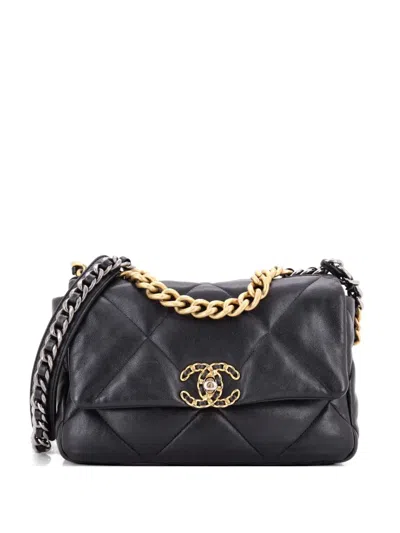 Pre-owned Chanel 19 Flap Bag Quilted Leather Medium Crossbody Bag In Black