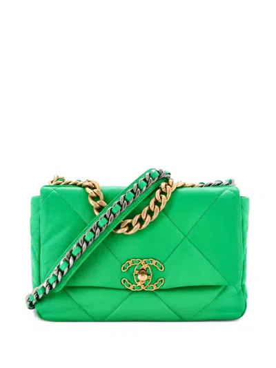 Pre-owned Chanel 19 Flap Bag Quilted Leather Medium Crossbody Bag In Green