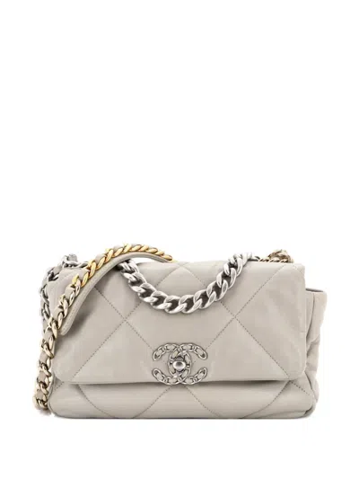 Pre-owned Chanel 19 Flap Bag Quilted Leather Medium Crossbody Bag In Grey