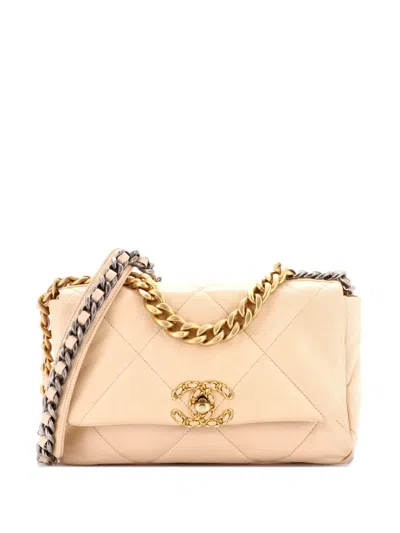 Pre-owned Chanel 19 Flap Bag Quilted Leather Medium Crossbody Bag In Neutral