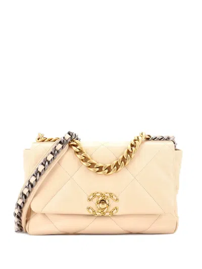 Pre-owned Chanel 19 Flap Bag Quilted Leather Medium Crossbody Bag In Neutral