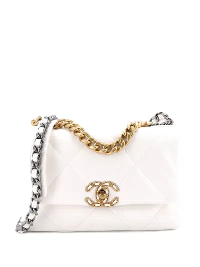 Pre-owned Chanel 19 Flap Bag Quilted Leather Medium Crossbody Bag In White
