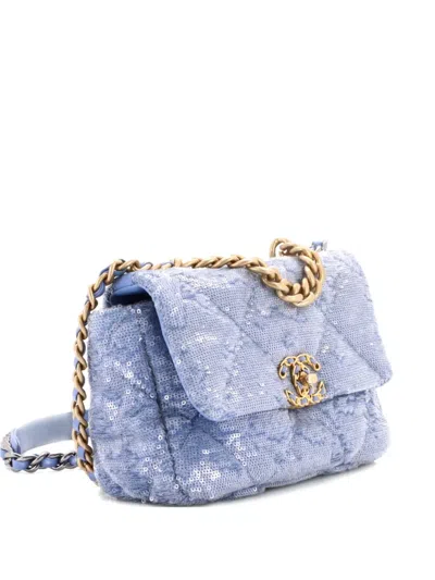 Pre-owned Chanel 19 Flap Bag Quilted Sequins Medium Shoulder Bag In Blue