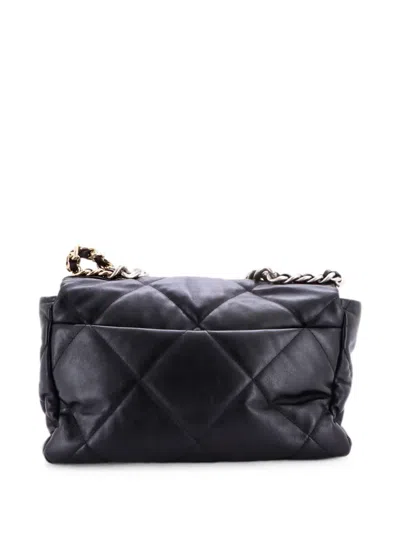 Pre-owned Chanel 19 Flap Bag Quilted Shiny Crumpled Calfskin Large Shoulder Bag In Black