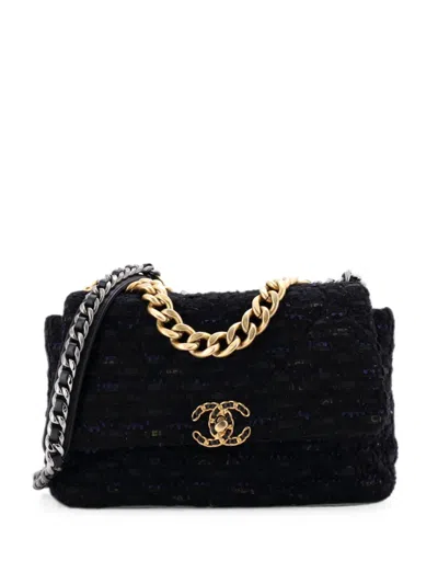 Pre-owned Chanel 19 Flap Bag Quilted Tweed And Ribbon Large Crossbody Bag In Black