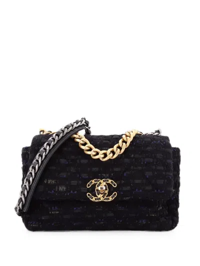 Pre-owned Chanel 19 Flap Bag Quilted Tweed And Ribbon Medium Shoulder Bag In Black