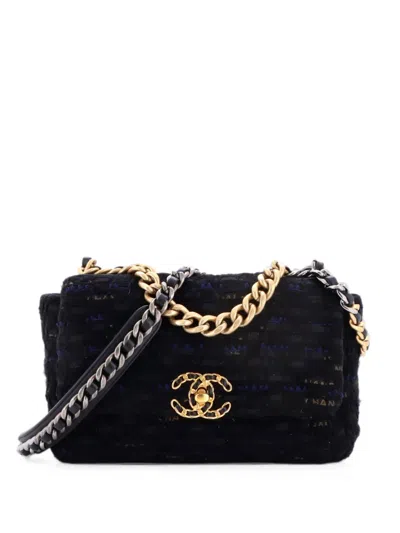 Pre-owned Chanel 19 Flap Bag Quilted Tweed And Ribbon Medium Shoulder Bag In Black
