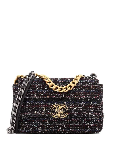 Pre-owned Chanel 19 Flap Bag Quilted Tweed And Sequins Medium Crossbody Bag In Multi