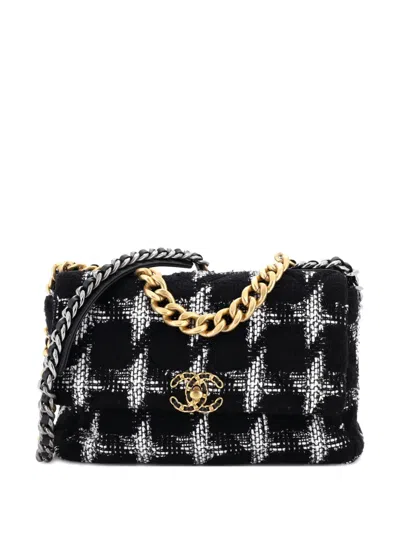 Pre-owned Chanel 19 Flap Bag Quilted Tweed Large Crossbody Bag In Black