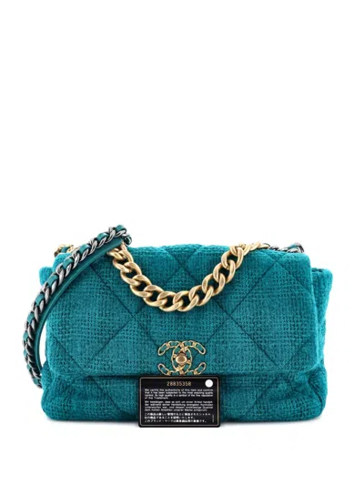 Pre-owned Chanel 19 Flap Bag Quilted Tweed Large Crossbody Bag In Blue
