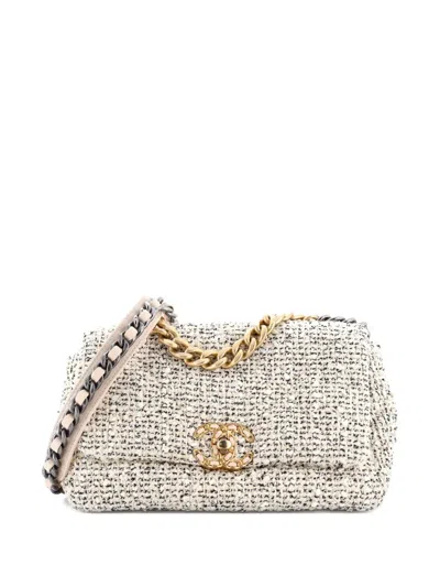 Pre-owned Chanel 19 Flap Bag Quilted Tweed Medium Crossbody Bag In Black