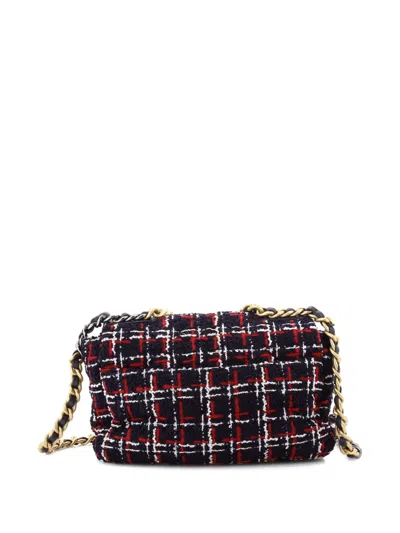 Pre-owned Chanel 19 Flap Bag Quilted Tweed Medium Crossbody Bag In Blue