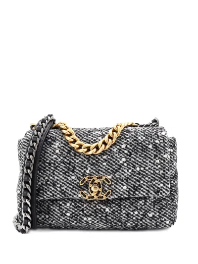 Pre-owned Chanel 19 Flap Bag Quilted Tweed Medium Crossbody Bag In Gray