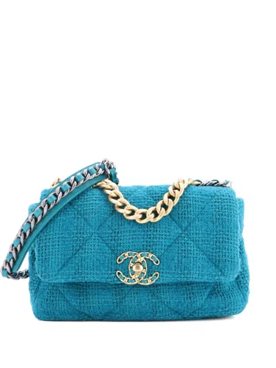 Pre-owned Chanel 19 Flap Bag Quilted Tweed Medium Crossbody Bag In Green