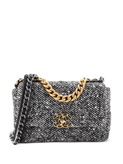 Pre-owned Chanel 19 Flap Bag Quilted Wool Medium Shoulder Bag In Black