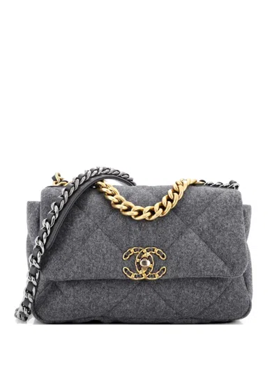 Pre-owned Chanel 19 Flap Bag Quilted Wool Medium Shoulder Bag In Gray