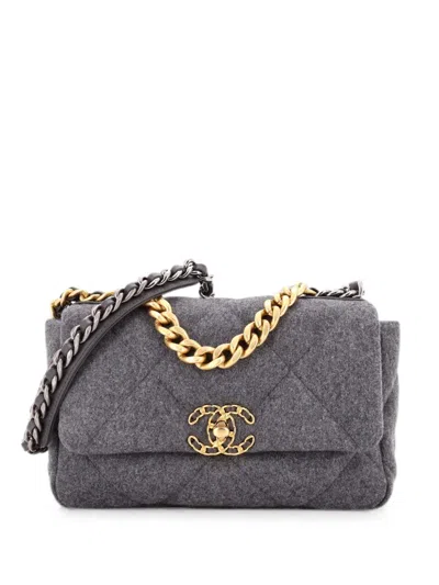 Pre-owned Chanel 19 Flap Bag Quilted Wool Medium Shoulder Bag In Gray