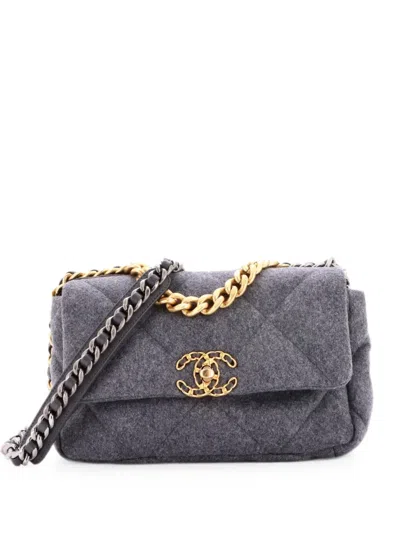 Pre-owned Chanel 19 Flap Bag Quilted Wool Medium Shoulder Bag In Grey