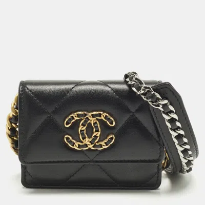 Pre-owned Chanel 19 Flap Black Quilted Leather Coin Purse With Chain