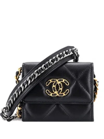 Pre-owned Chanel 19 Flap Coin Purse With Chain Quilted Leather Crossbody Bag In Black