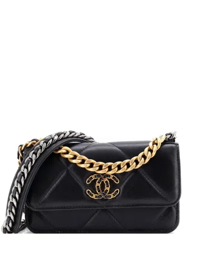 Pre-owned Chanel 19 Flap Phone Holder With Chain Quilted Lambskin Crossbody Bag In Black