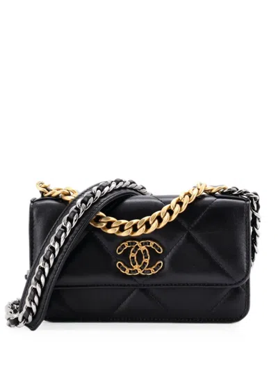 Pre-owned Chanel 19 Flap Phone Holder With Chain Quilted Lambskin Crossbody Bag In Black