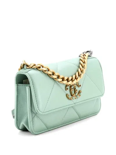 Pre-owned Chanel 19 Flap Phone Holder With Chain Quilted Lambskin Crossbody Bag In Green