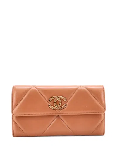 Pre-owned Chanel 19 Flap Wallet Quilted Lambskin Long Small Wallets In Neutral