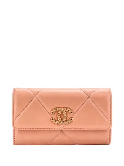 Pre-owned Chanel 19 Flap Wallet Quilted Lambskin Long Small Wallets In Neutral