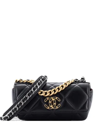 Pre-owned Chanel 19 Glasses Case With Chain Quilted Goatskin Clutch Bag In Black