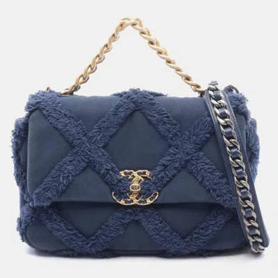 Pre-owned Chanel 19 Medium Navy Cotton Canvas Fringe Shoulder Bag In Blue
