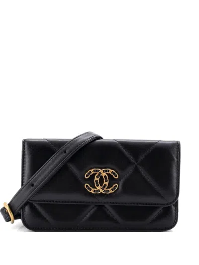 Pre-owned Chanel 19 Phone Holder Bag Quilted Lambskin Belt Bag In Black